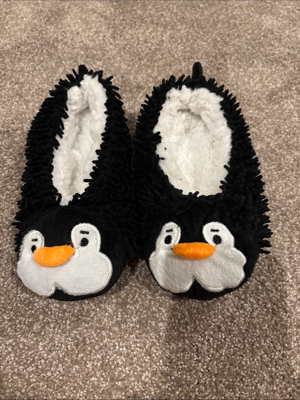 Kids Black Penguin Plush Slip-Ons with Orange Beak